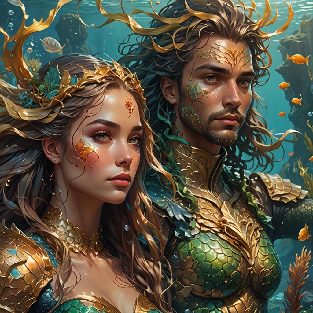 Armored Merfolk in a Glowing Underwater Realm