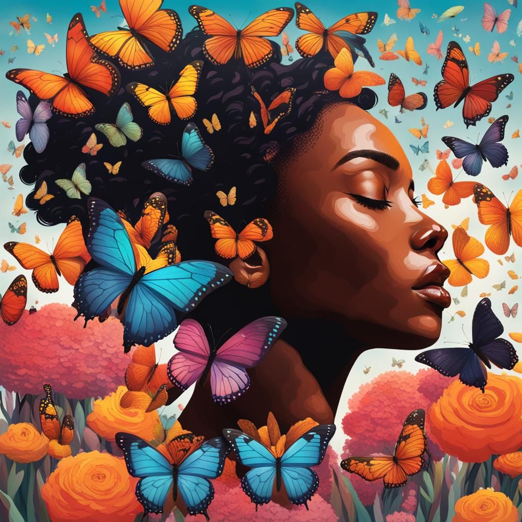 Vibrant Butterflies Dance Above a Contemplative Black Woman