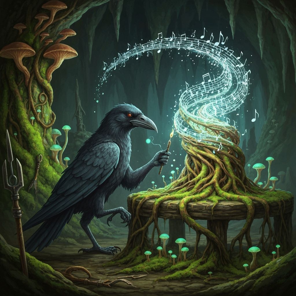 Crow Artist Crafts Glowing Moss Sculpture in Arcane Studio