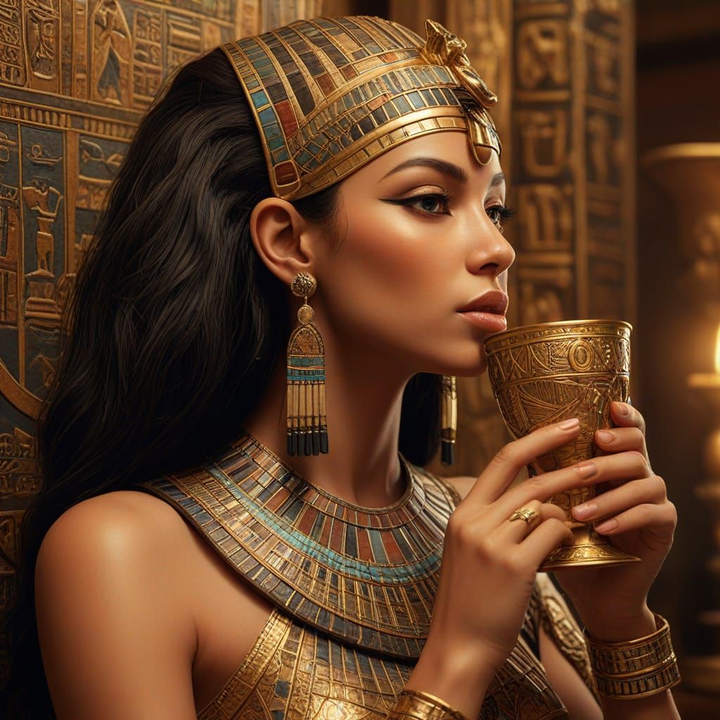 Elegant Egyptian Queen with Chalice in Golden Light