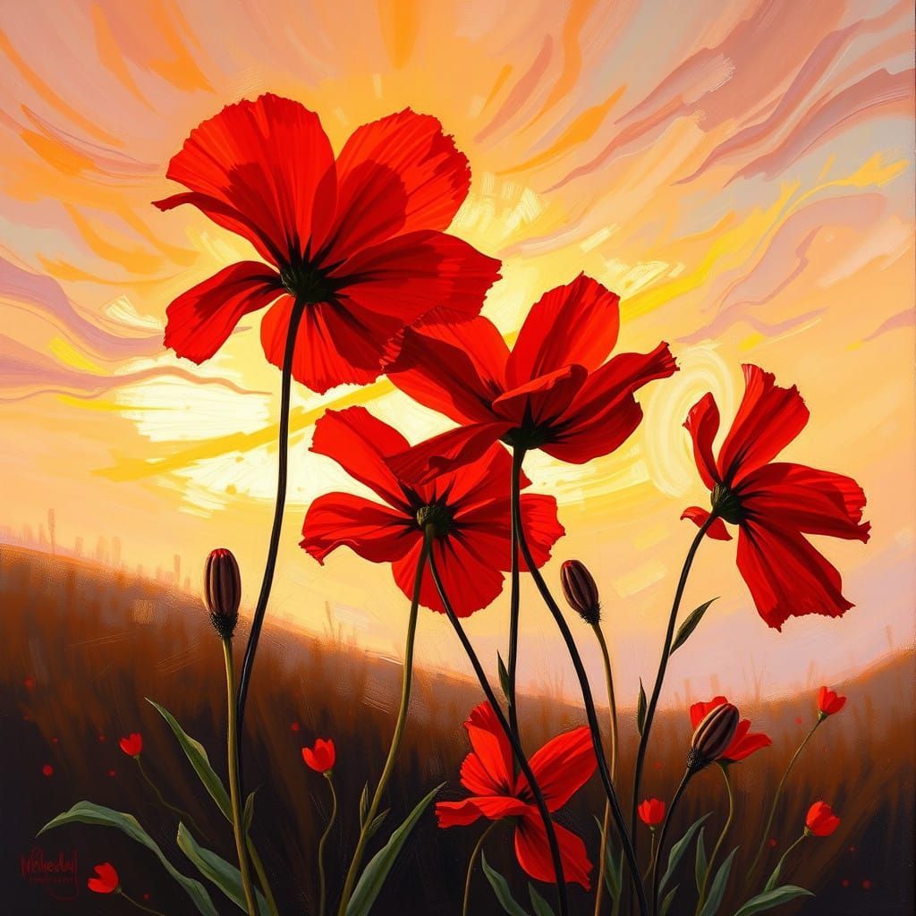 Vibrant Red Flowers Dance in the Breezy Sunset