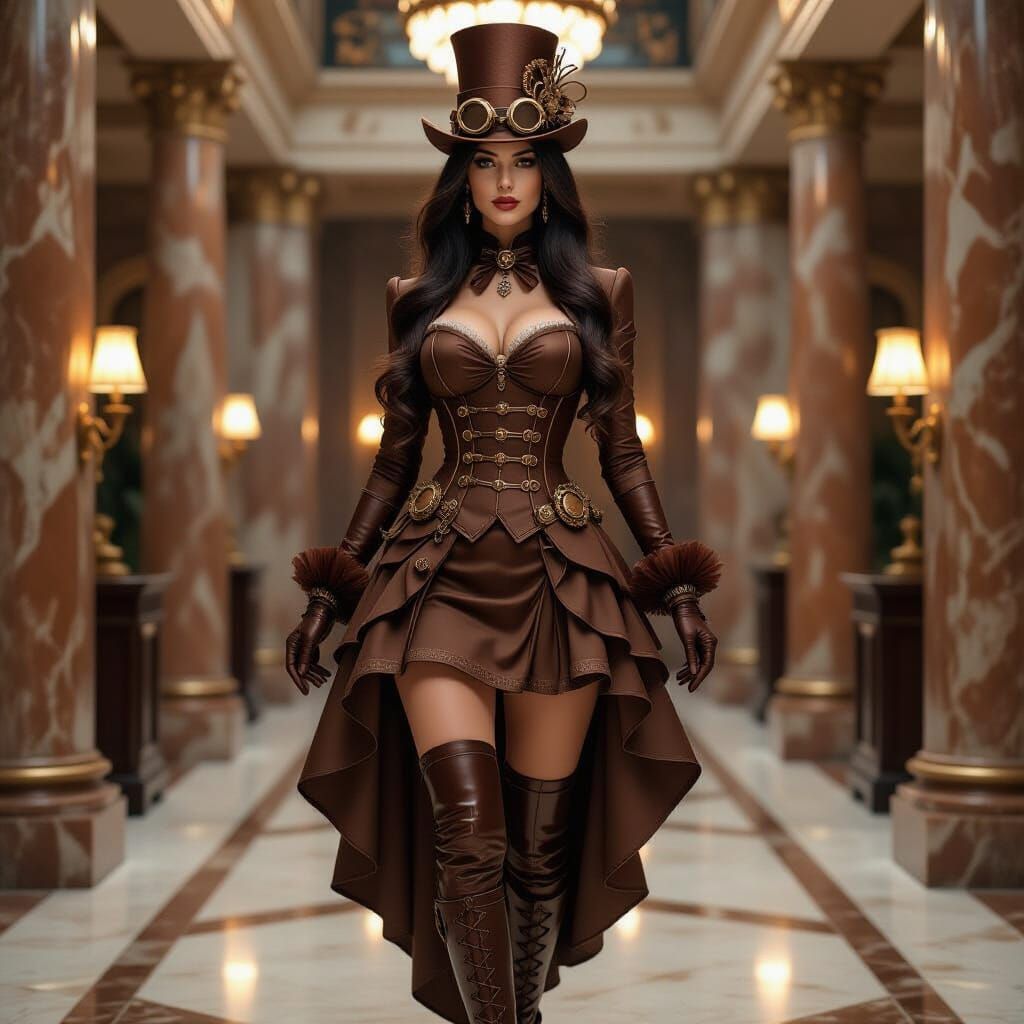 Steampunk Woman in Opulent Coffee-Toned Room