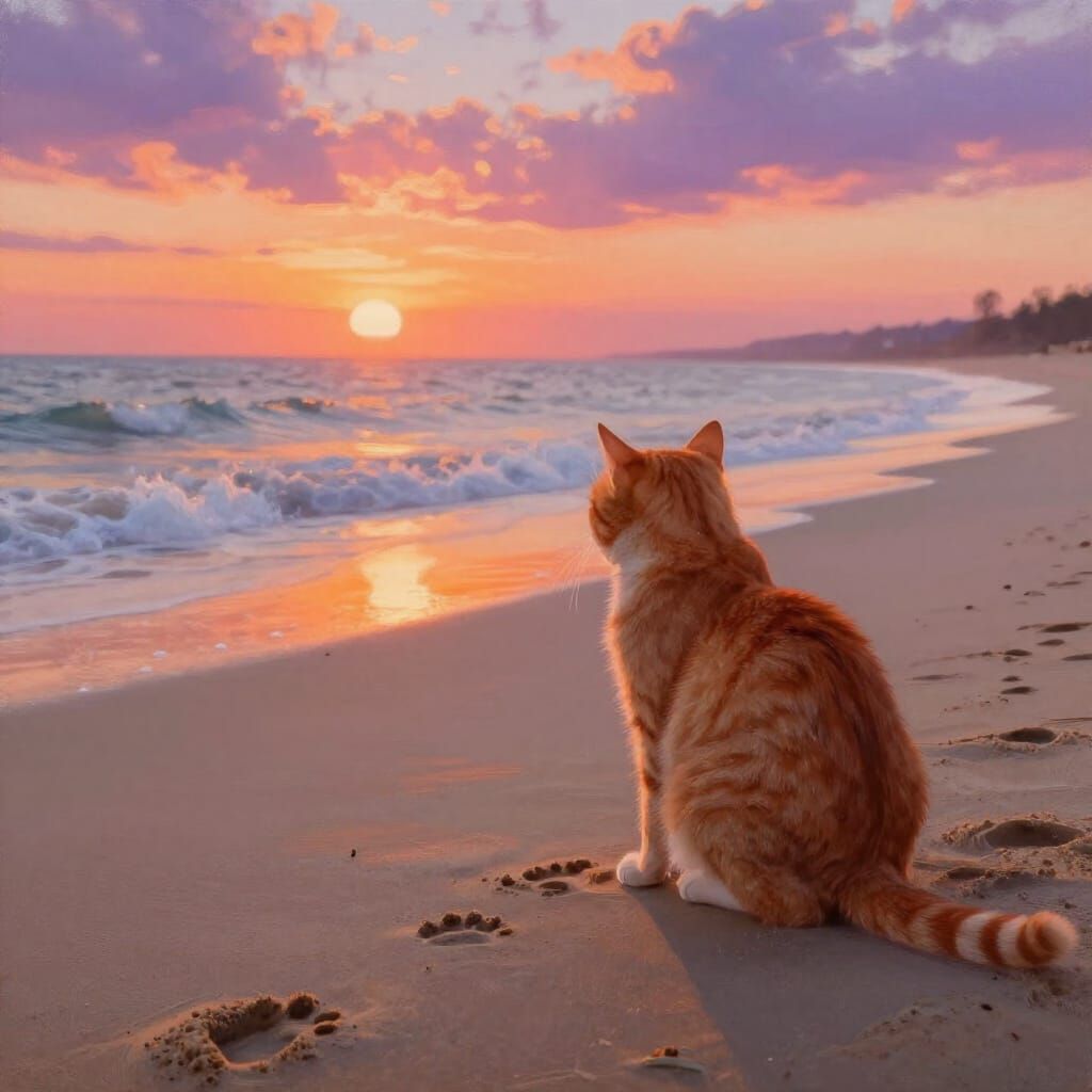 Ginger Cat on Beach at Sunset