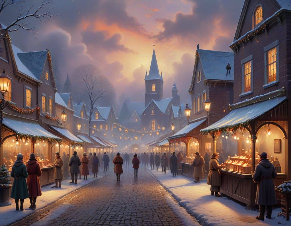 Cozy Christmas Market Scene with Carolers in Ethereal Mist
