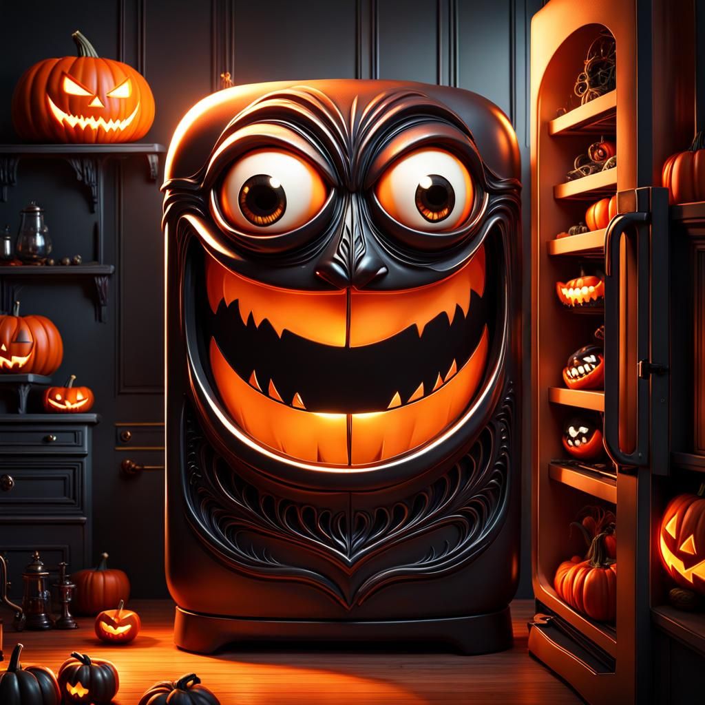Evil Cartoon Fridge with Glowing Eyes