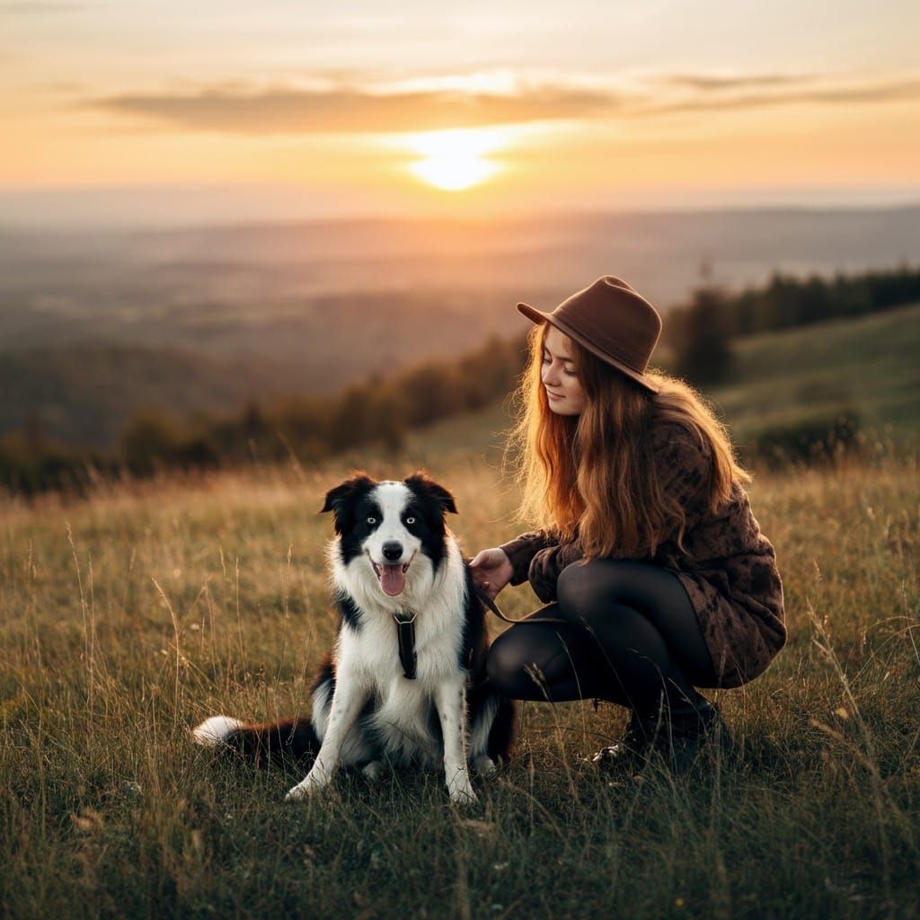 Girl and Border Collie in Afternoon Hills