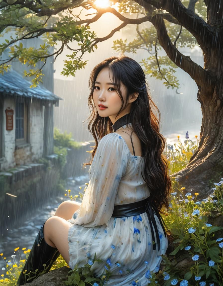 Surreal Watercolor: Woman in Rain at Sunset