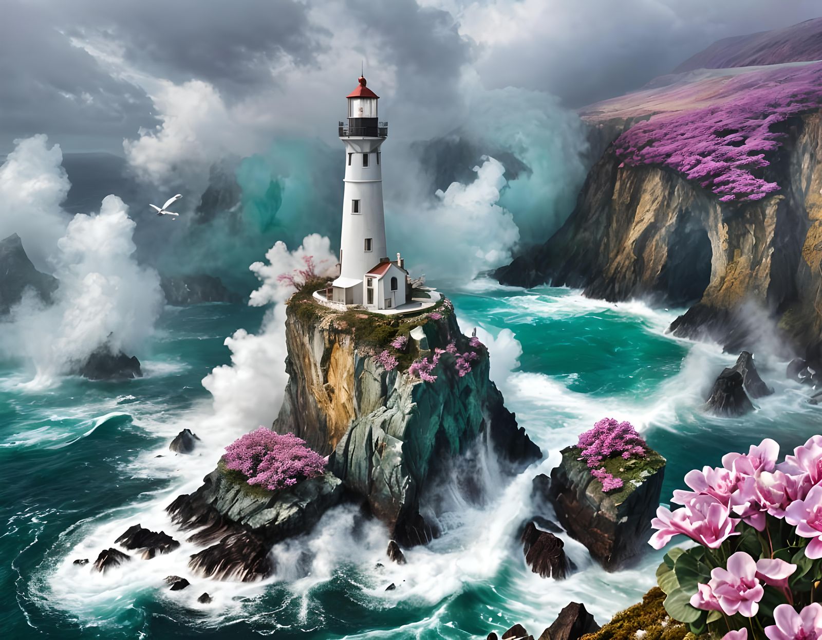 Ethereal Lighthouse in Marbled Landscape Painting