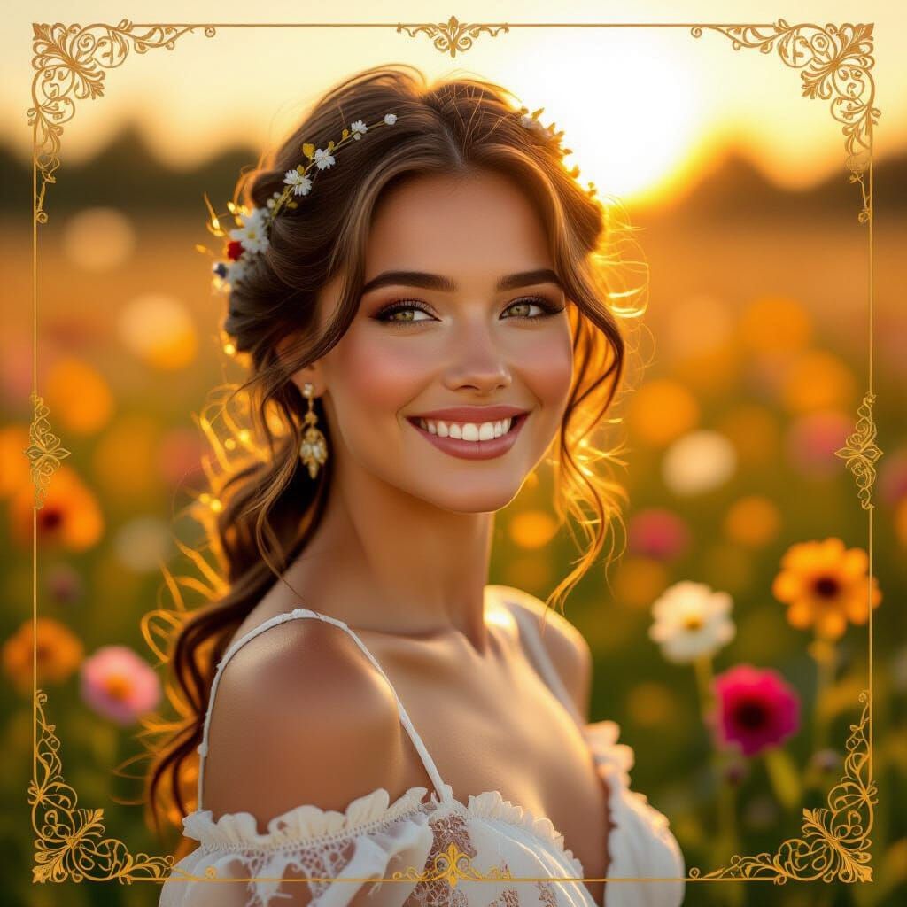 Radiant Woman in Sunlit Wildflower Field, Art Nouveau Style