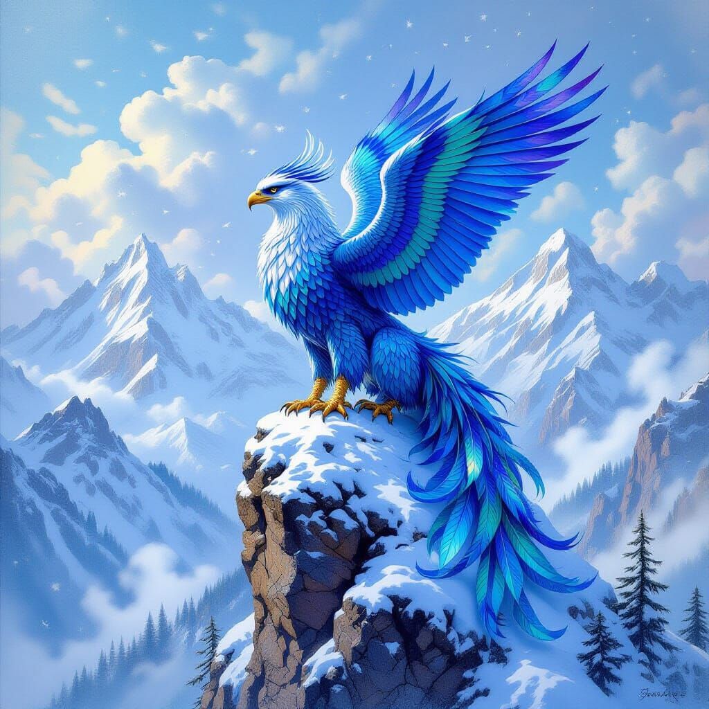 Iridescent Griffin Perched on Snow Mountain in Gouache Style