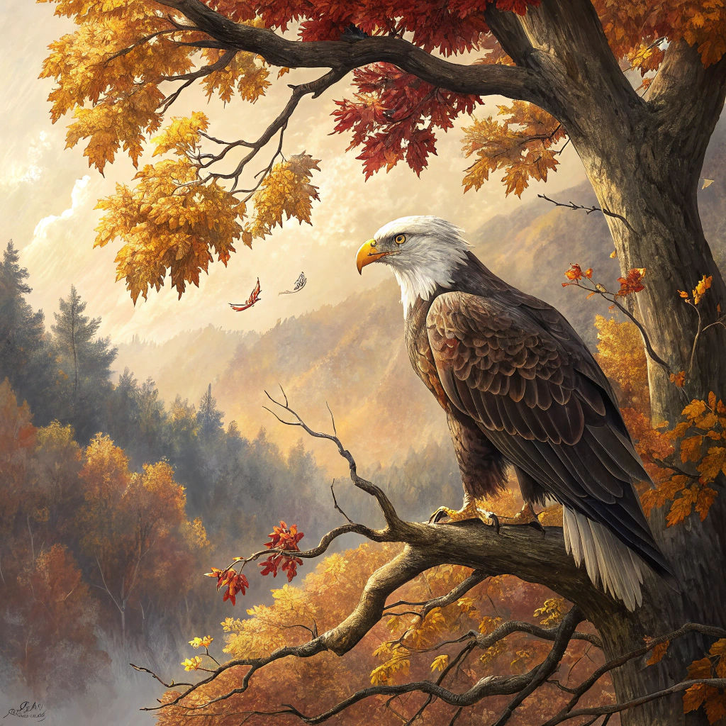 Bald Eagle on Autumn Branch in Digital Art Style