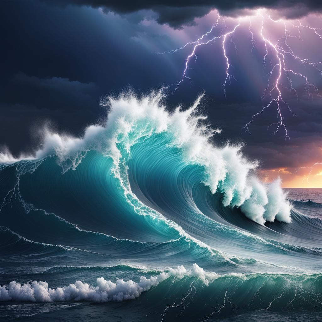 Hyperrealistic Lightning Storm at Sea with Huge Waves