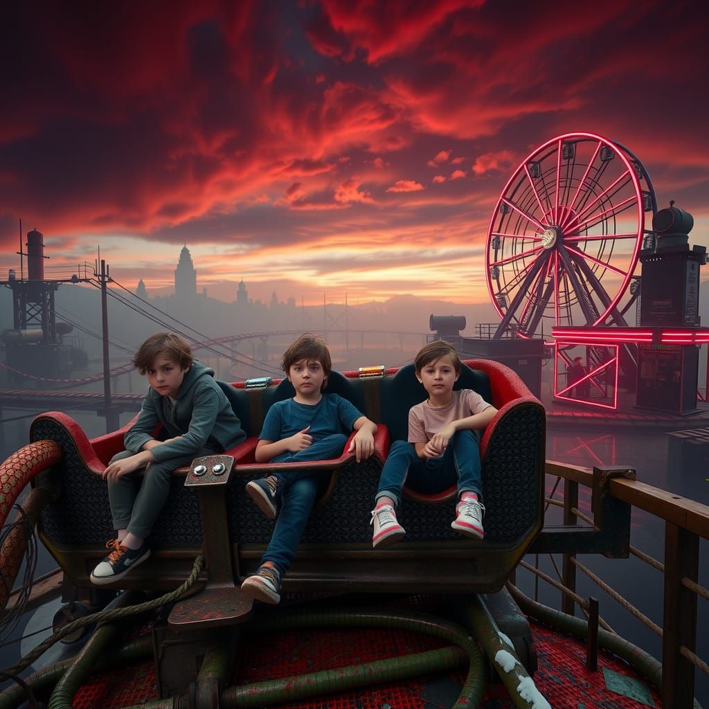 Giant Kids on Gothic Rollercoaster at Sunset