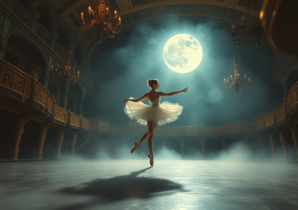 Ballerina's Dreamlike Pirouette on Moonlit Stage