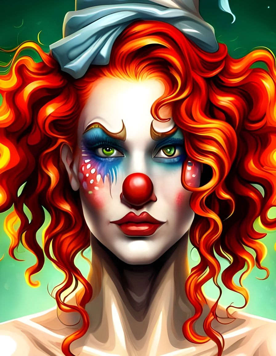 Beautiful Red-Headed Clown Portrait in Digital Art Style