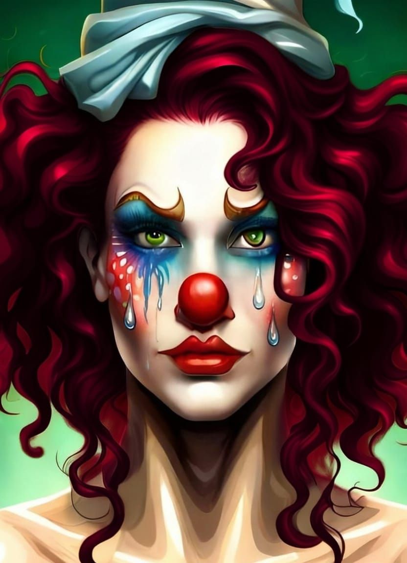 Beautiful Redhead Clown Portrait with Makeup Tears