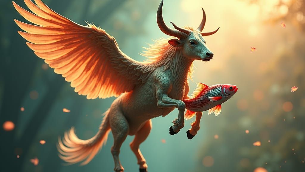Winged Cow-Sphinx Soaring with Fish: Futuristic Concept Art