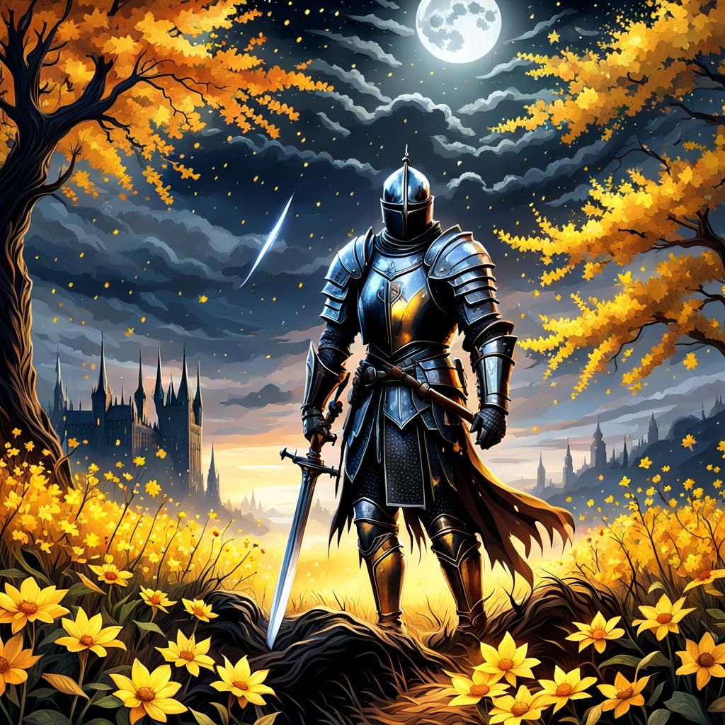 Gothic Dark Souls Knight in Autumn Meadow