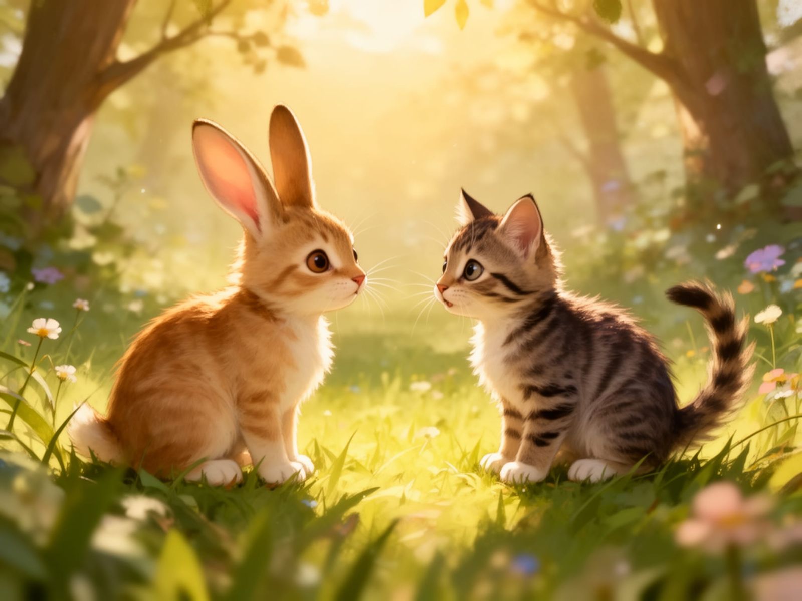 Bunny and Kitten Chatting in Sunny Meadow