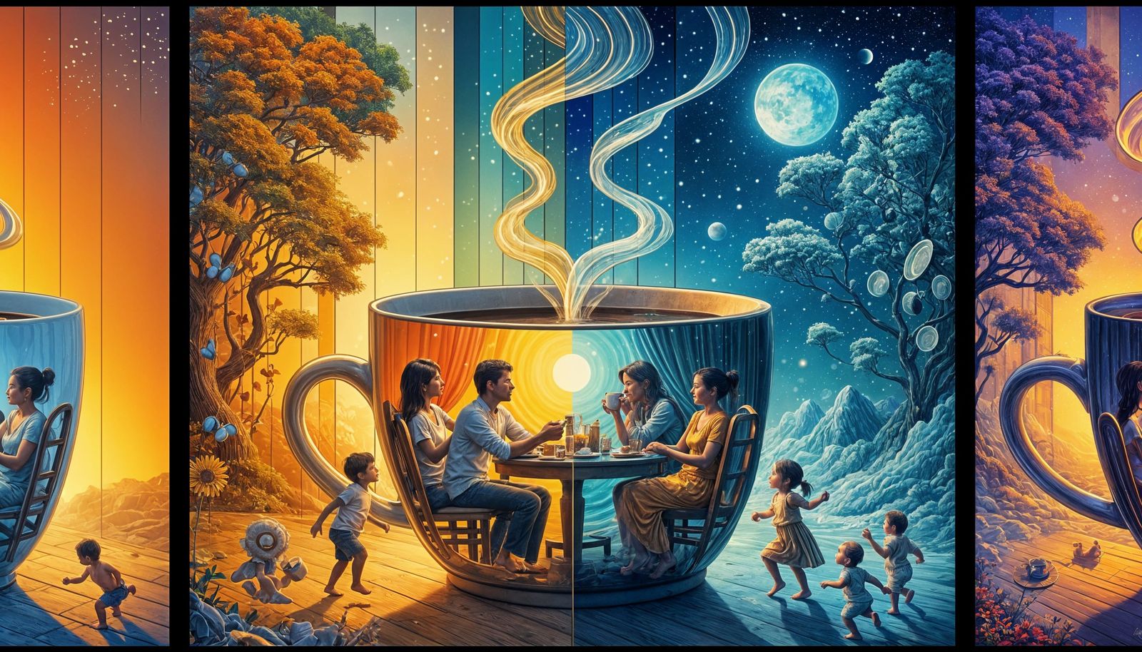 Magical Family Breakfast Reflected in Coffee Cup