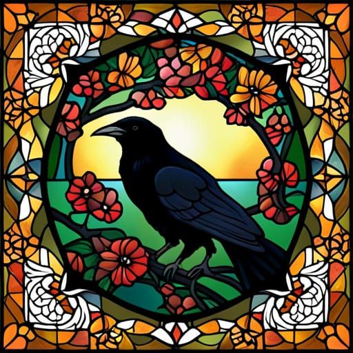 Gothic Art Nouveau Raven in Stained Glass