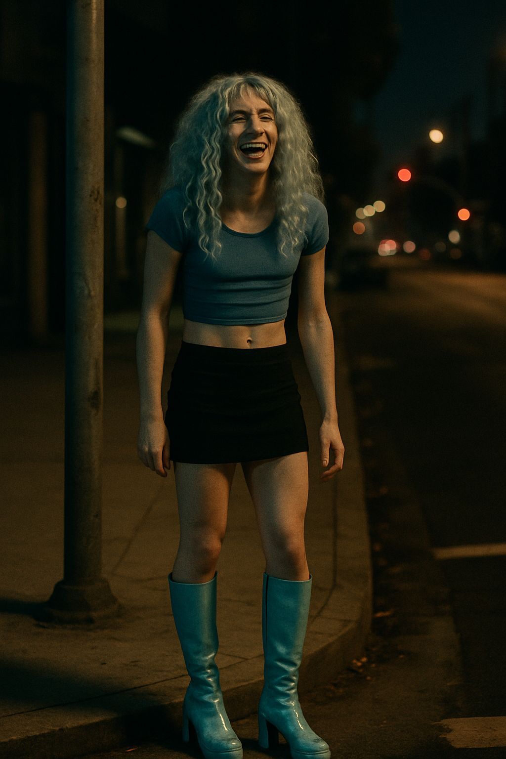 Transgender Person Laughing in Cinematic Film Still