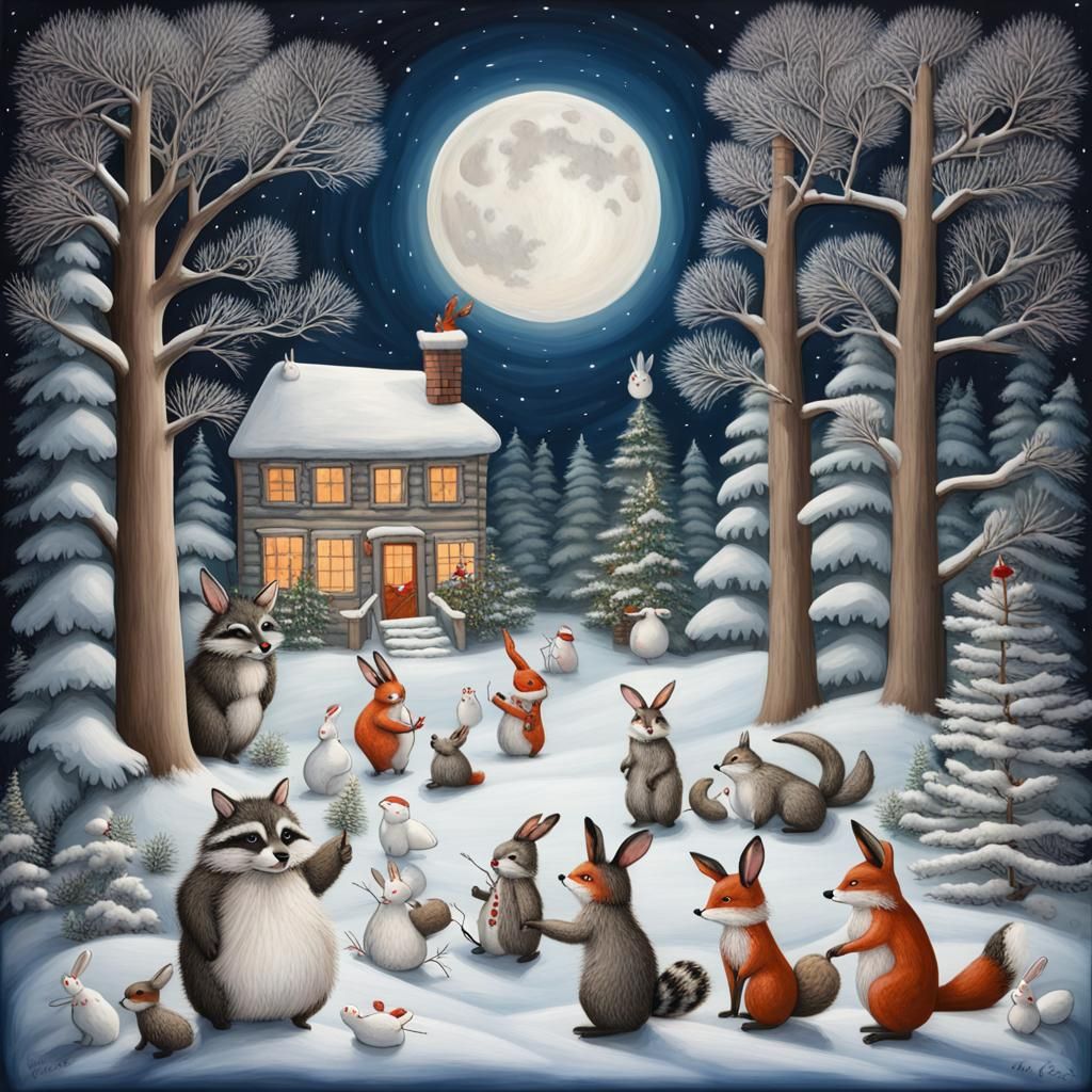 Snowy Woodland Animals Build a Snowman in Folk Art