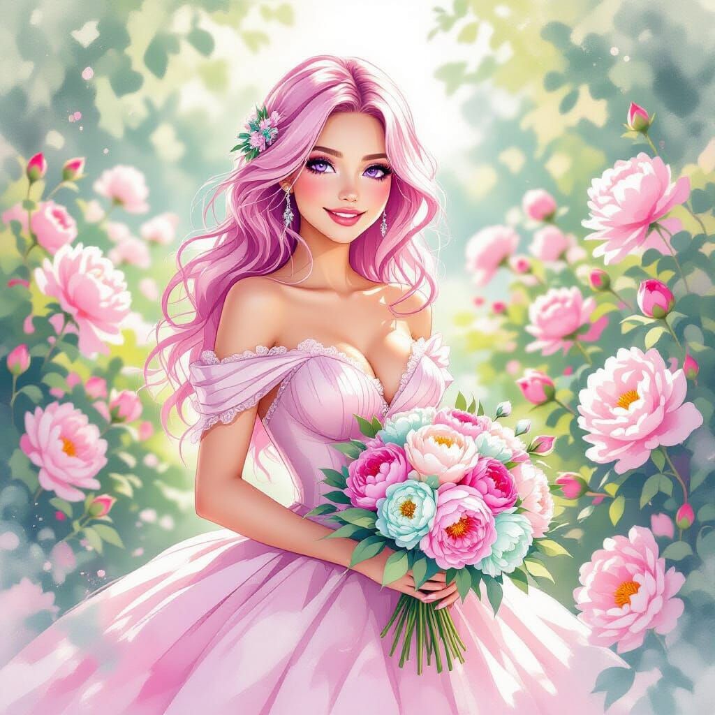 Pink-Haired Woman in Peony Garden, Watercolor Style