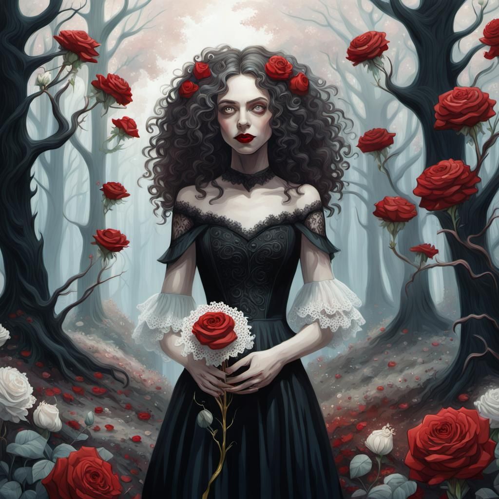 Dark Fantasy Girl with Flowers, Greg Rutkowski Style