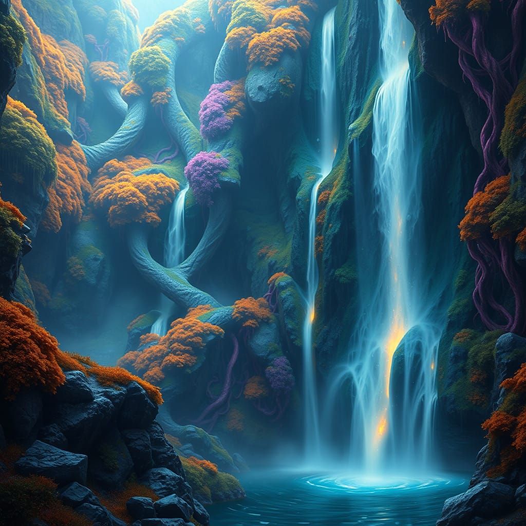 Ethereal Waterfall Scene in Vibrant, Detailed Matte Painting