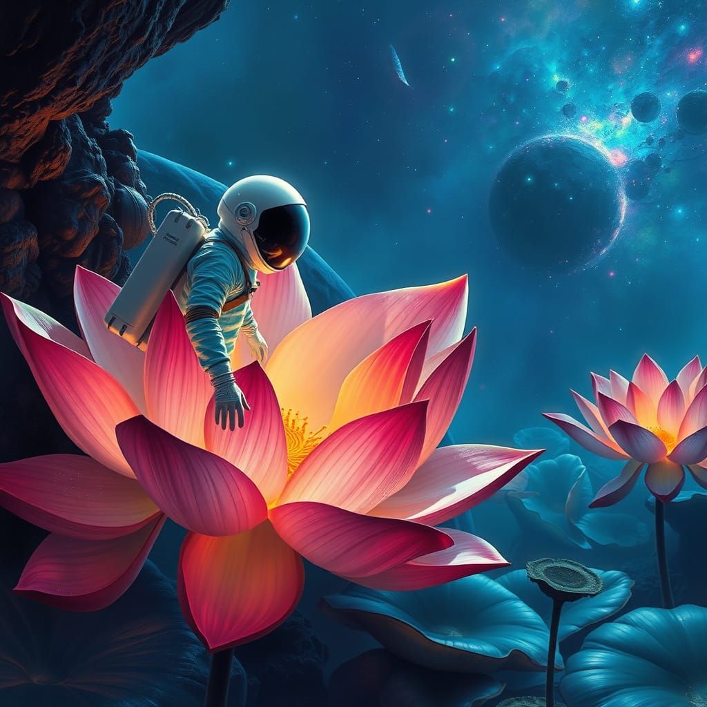 Astronaut Discovers Bioluminescent Lotus Oasis