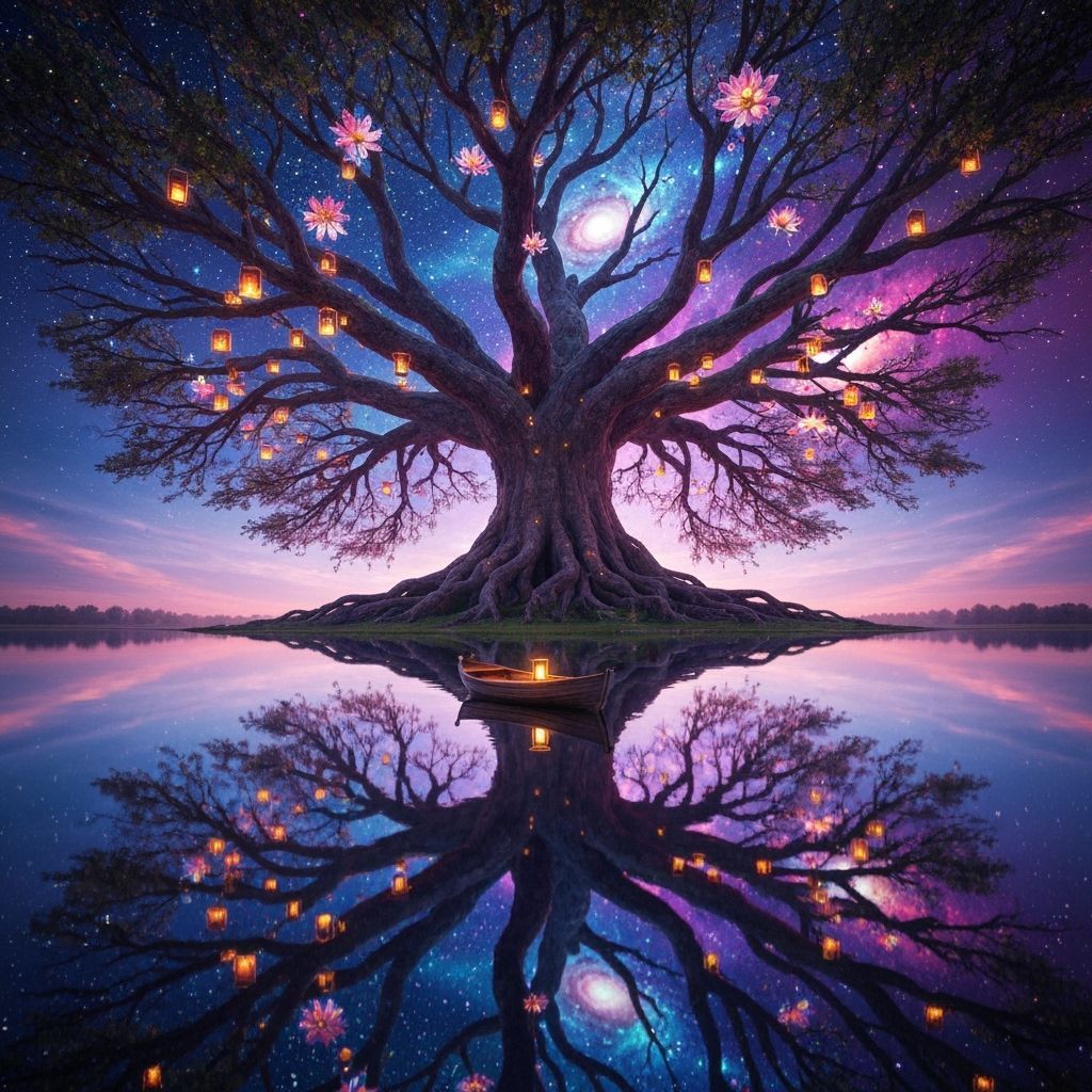 Surreal Upside-Down Tree with Lanterns in a Starry Sky