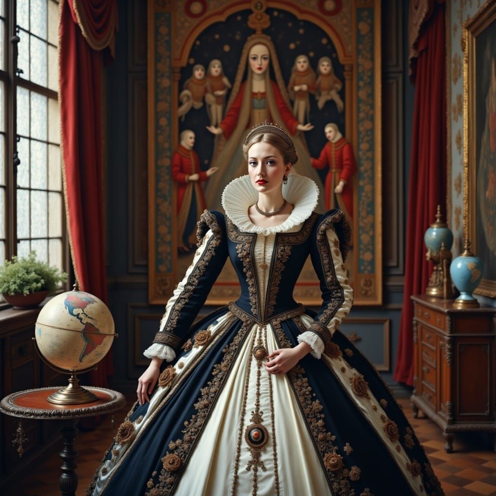Regal Queen Elizabeth I in Opulent Tudor Court