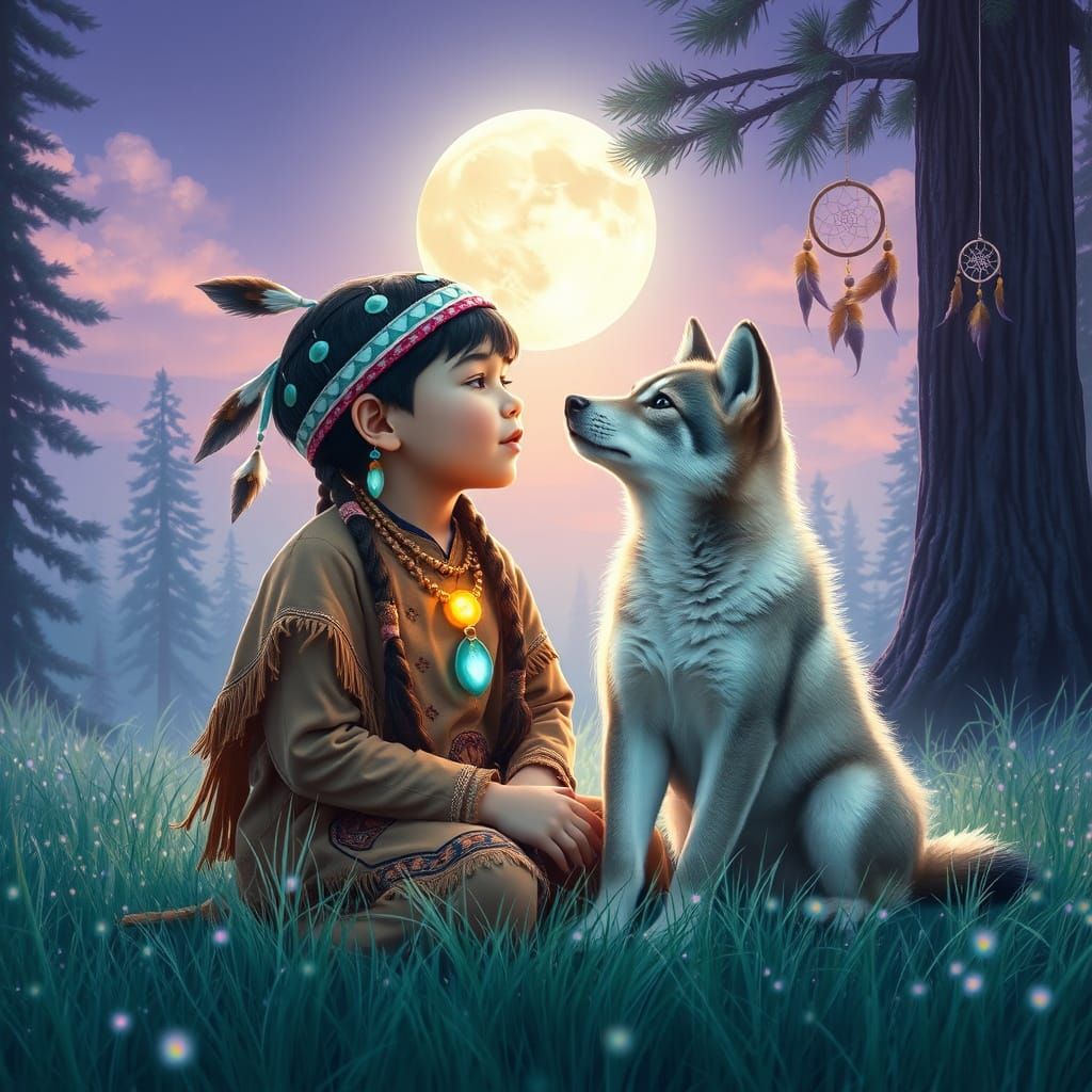 Native American Boy and Wolf Pup Howling at Moon
