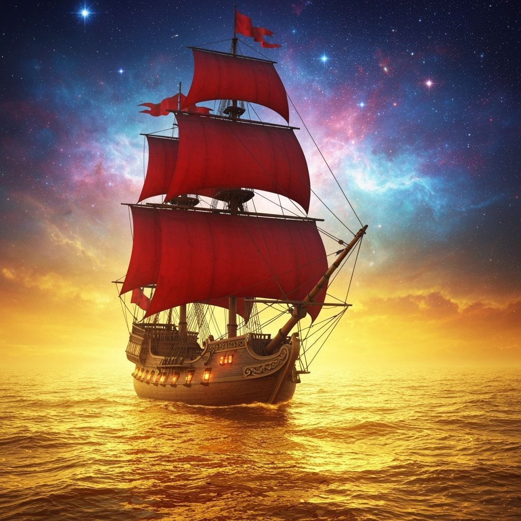 Galleon on Golden Sea Under Nebula Sky