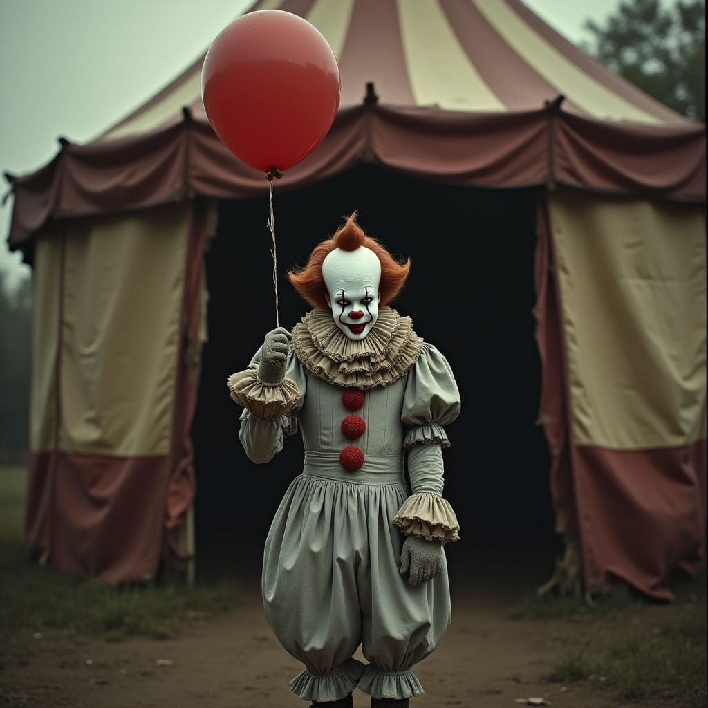 Victorian Pennywise with Red Balloon in Sepia Tone