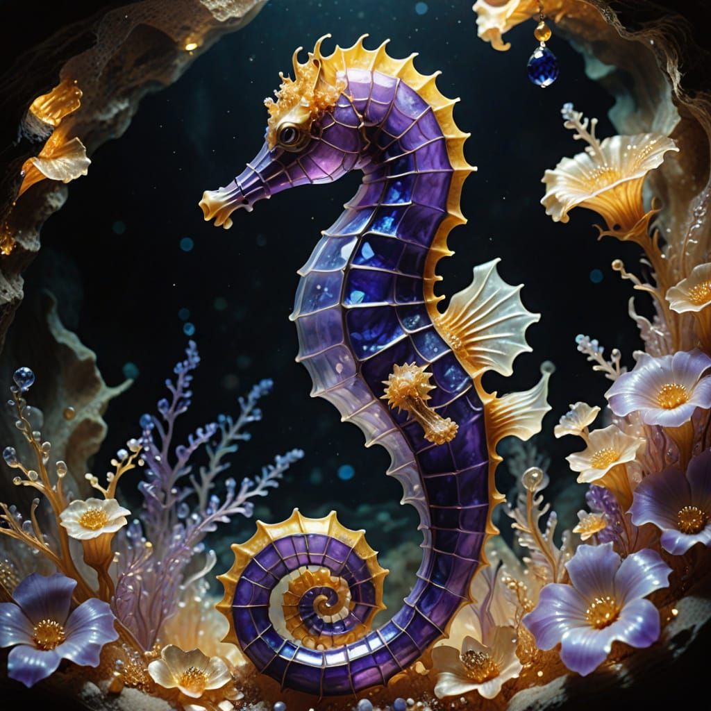 Violet Baby Seahorse on Sapphire Flowers in a Glowing Cave
