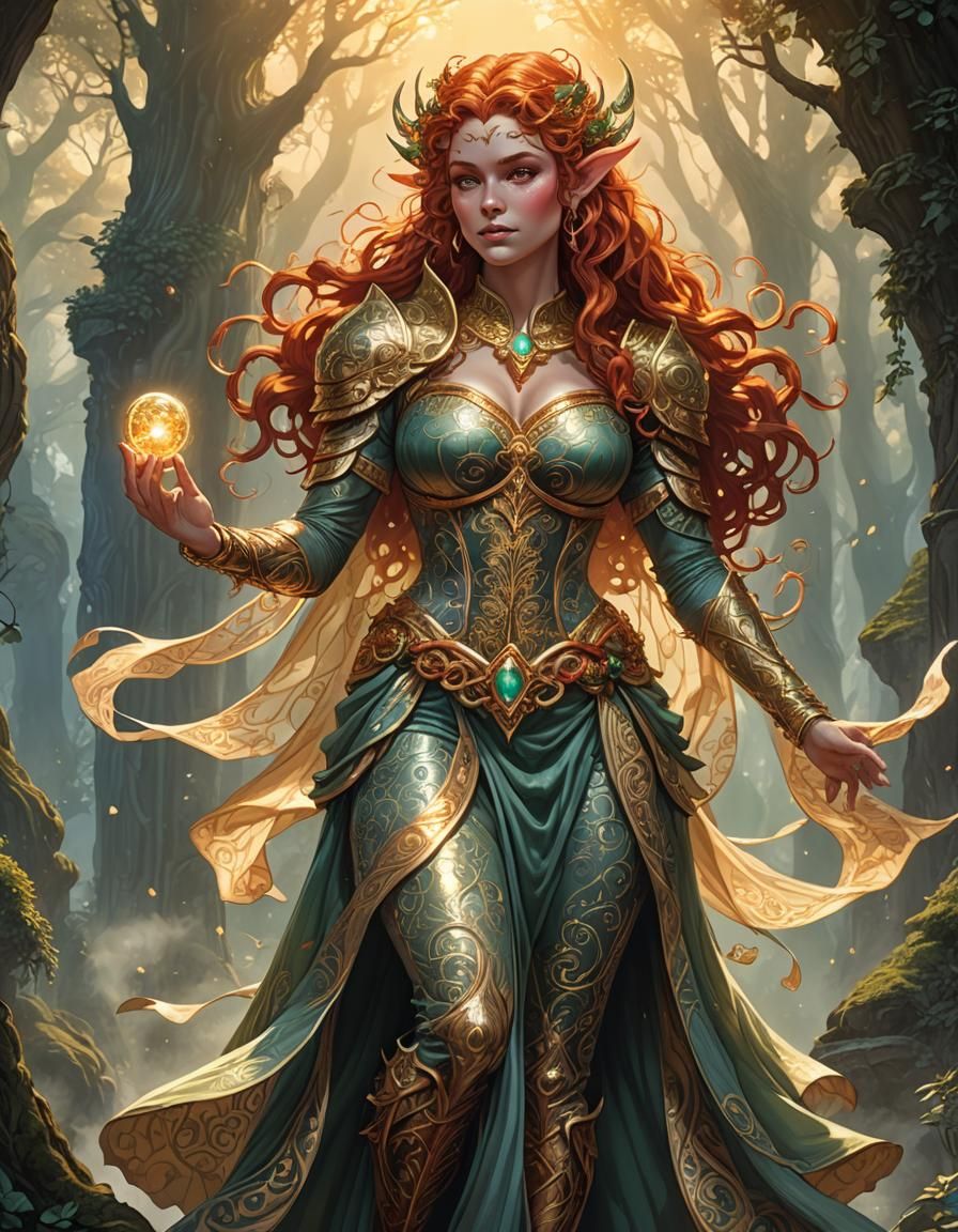 Voluptuous Fantasy Elf in Golden Light with Curly Red Hair a...