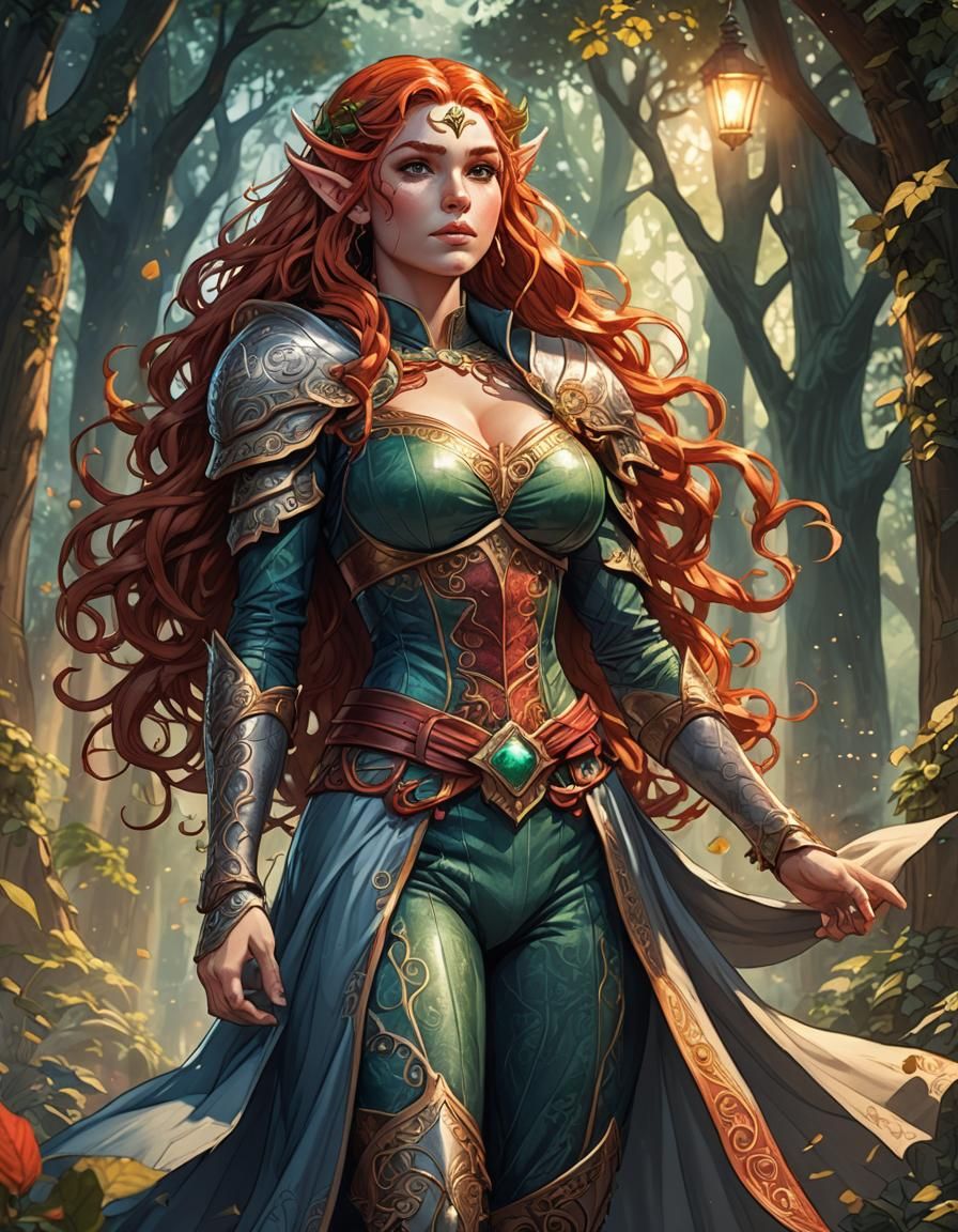 Voluptuous Elf in Detailed Armor, Comic Book Art