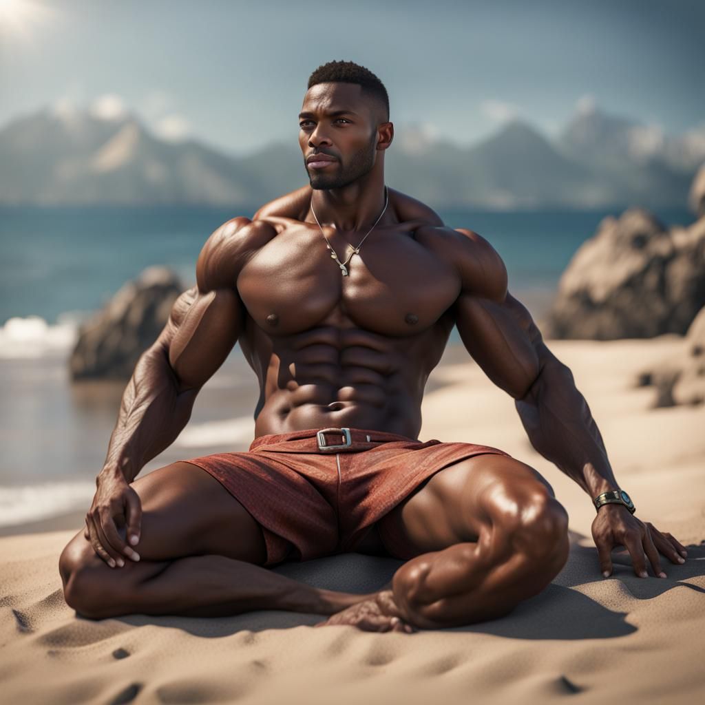 Muscle Hunk Sunbathing on Beach: Detailed Digital Art