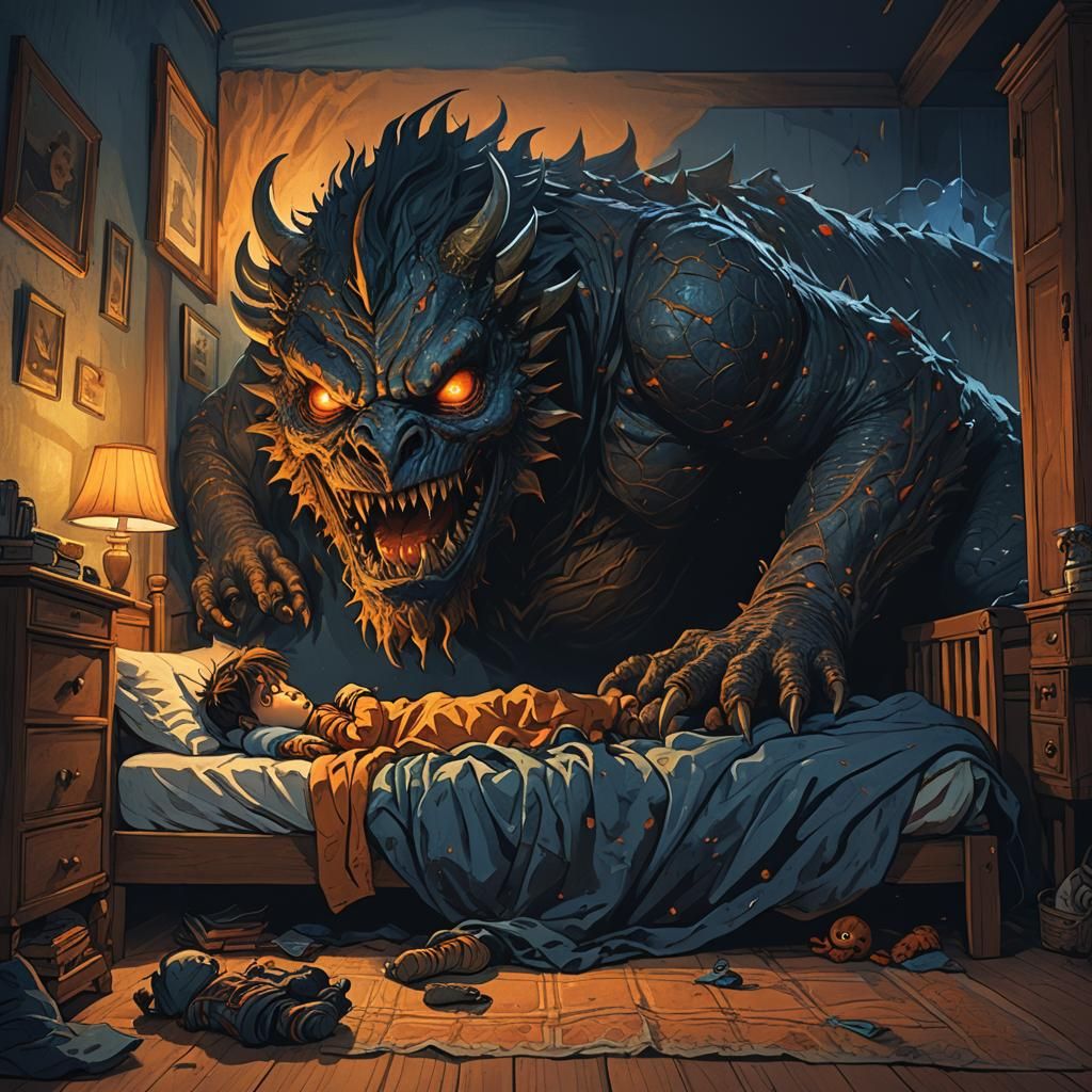 Dark Fantasy Monster Lurking Beneath Child's Bed in a Moody ...