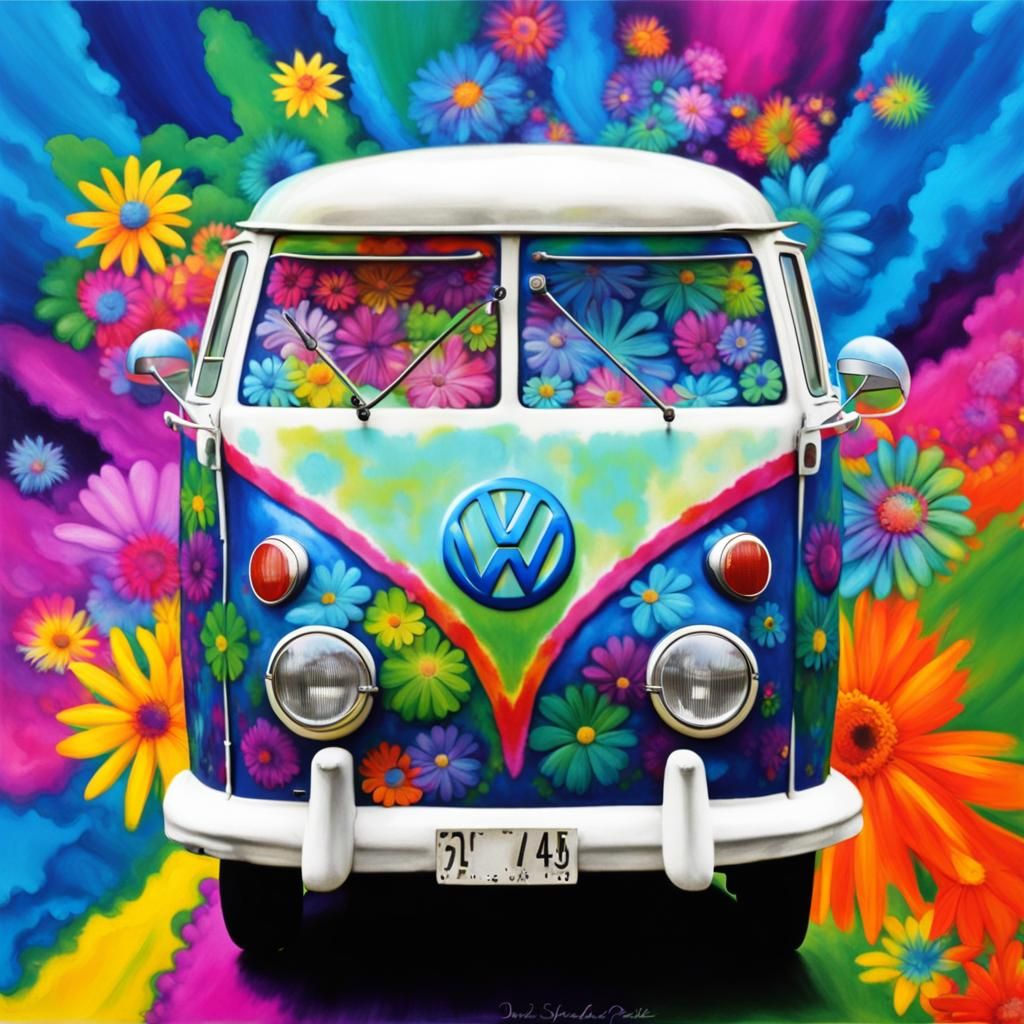 Psychedelic Flower Power VW Van Portrait