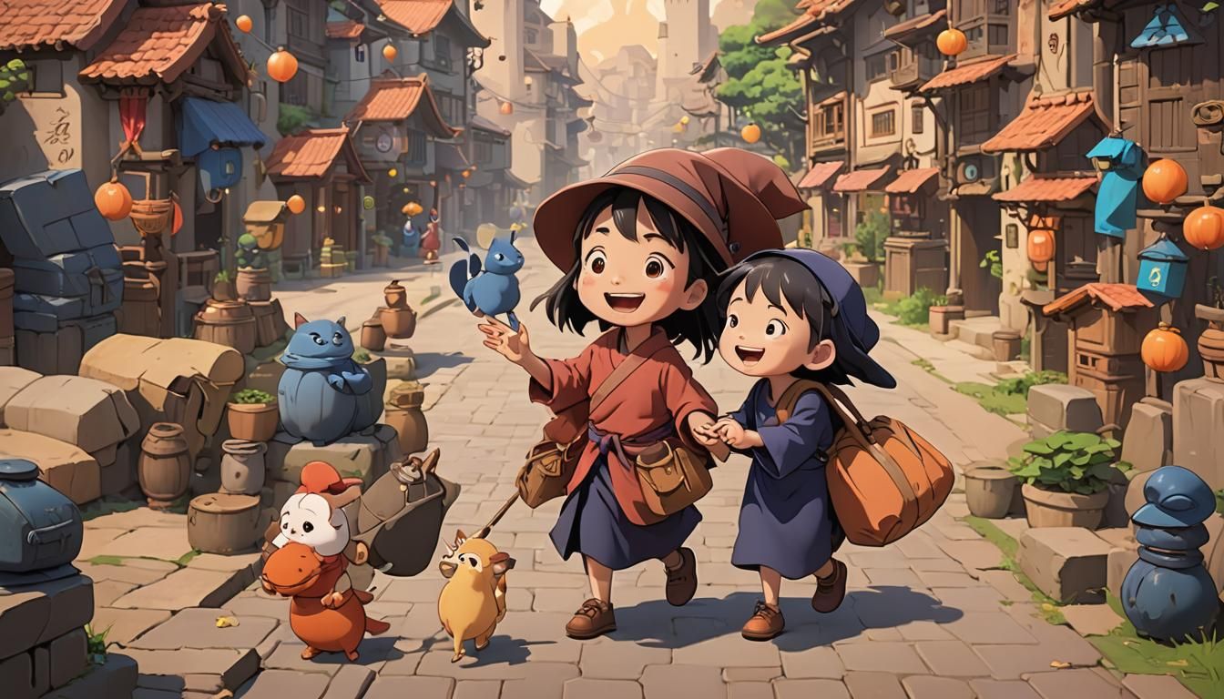 Happy Girl and Monk in Ghibli Cartoon Style