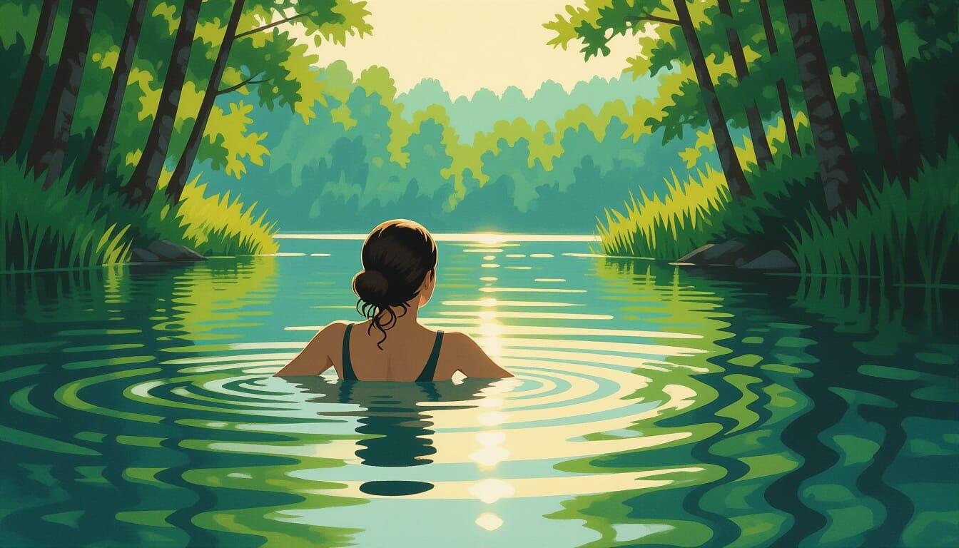 Woman Swimming in Lake: Photorealistic Art