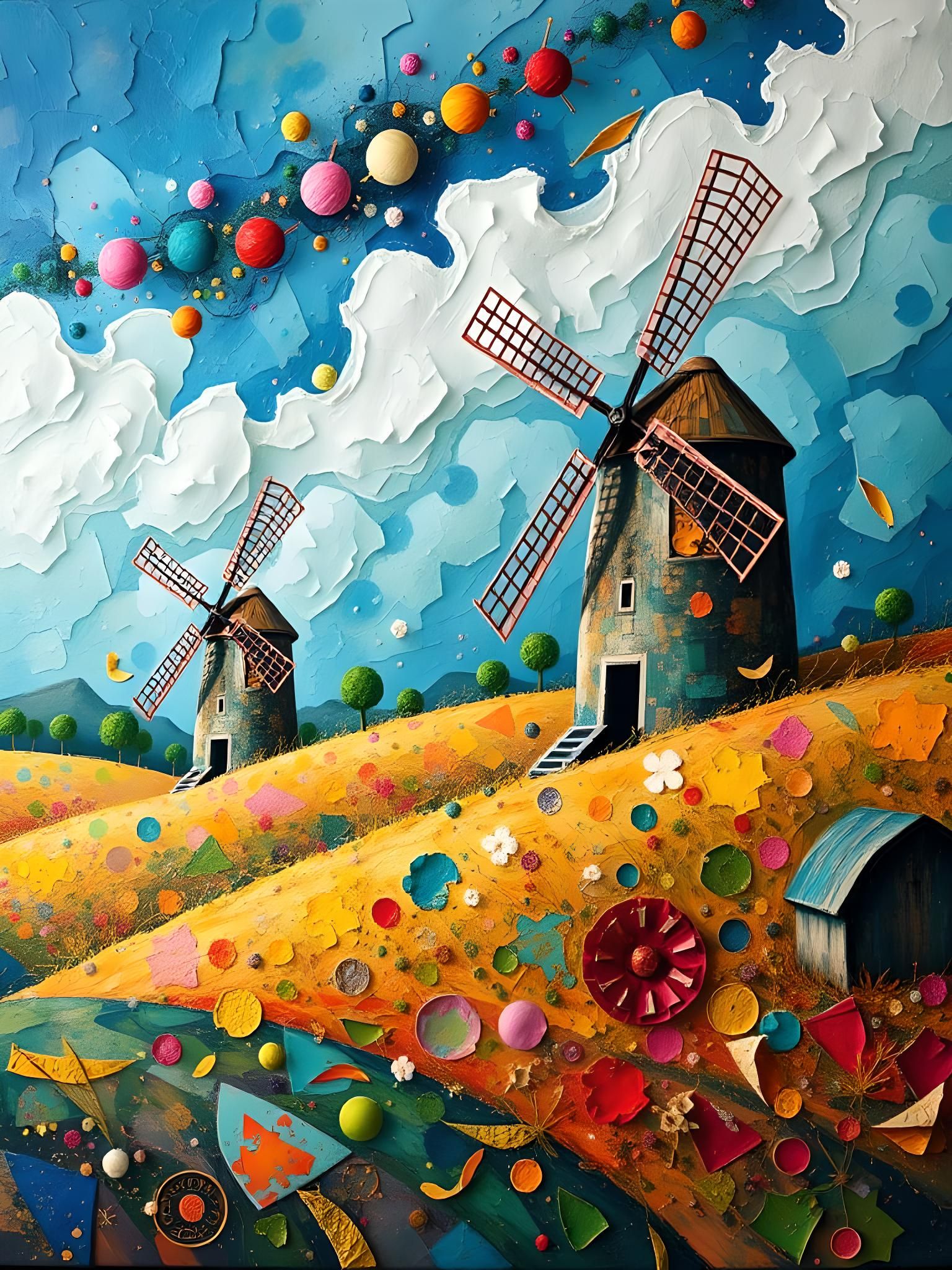 Surreal Windmill Landscape in Acrylic Impasto Style