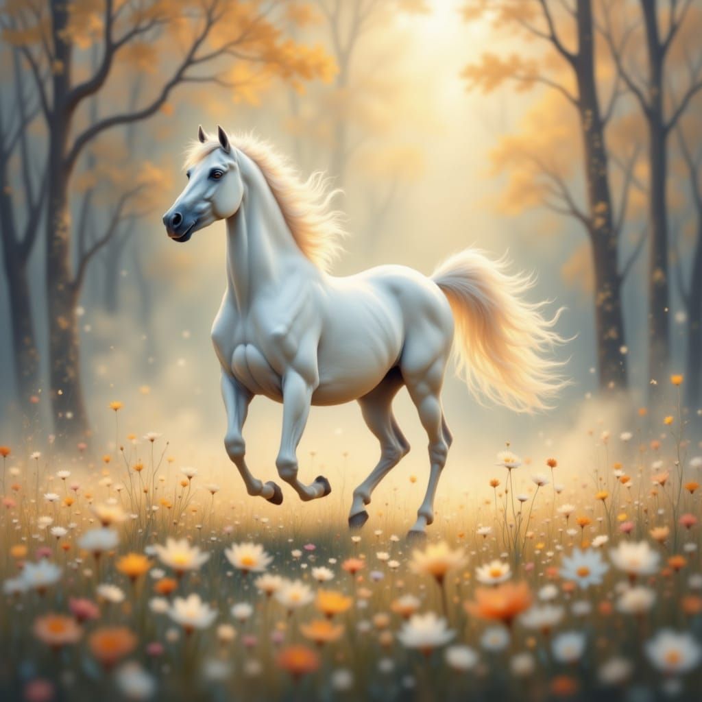 Ghostly White Stallion Galloping Through Misty Forest