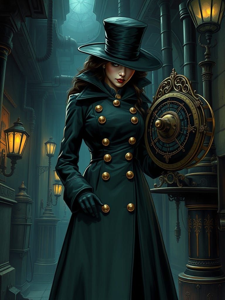Steampunk Shadow Lady Consults Clockwork Timepiece in Futuri...