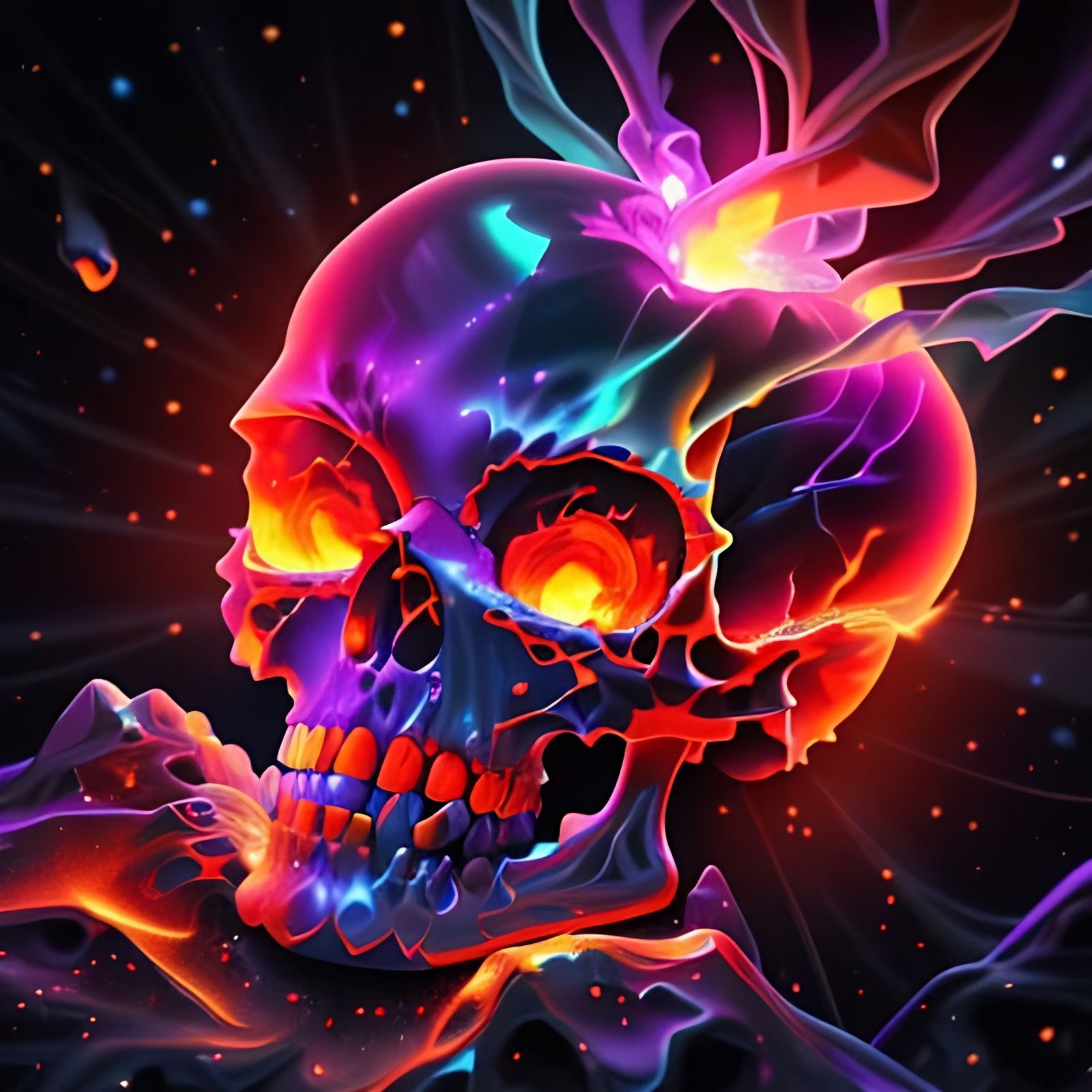 Glowing Melting Glass Skull on Fire in VRay Style