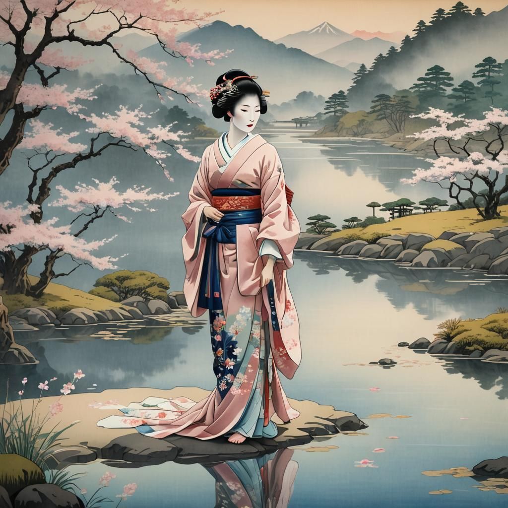 Geisha by Pond in Dreamlike Ukiyo-e Style