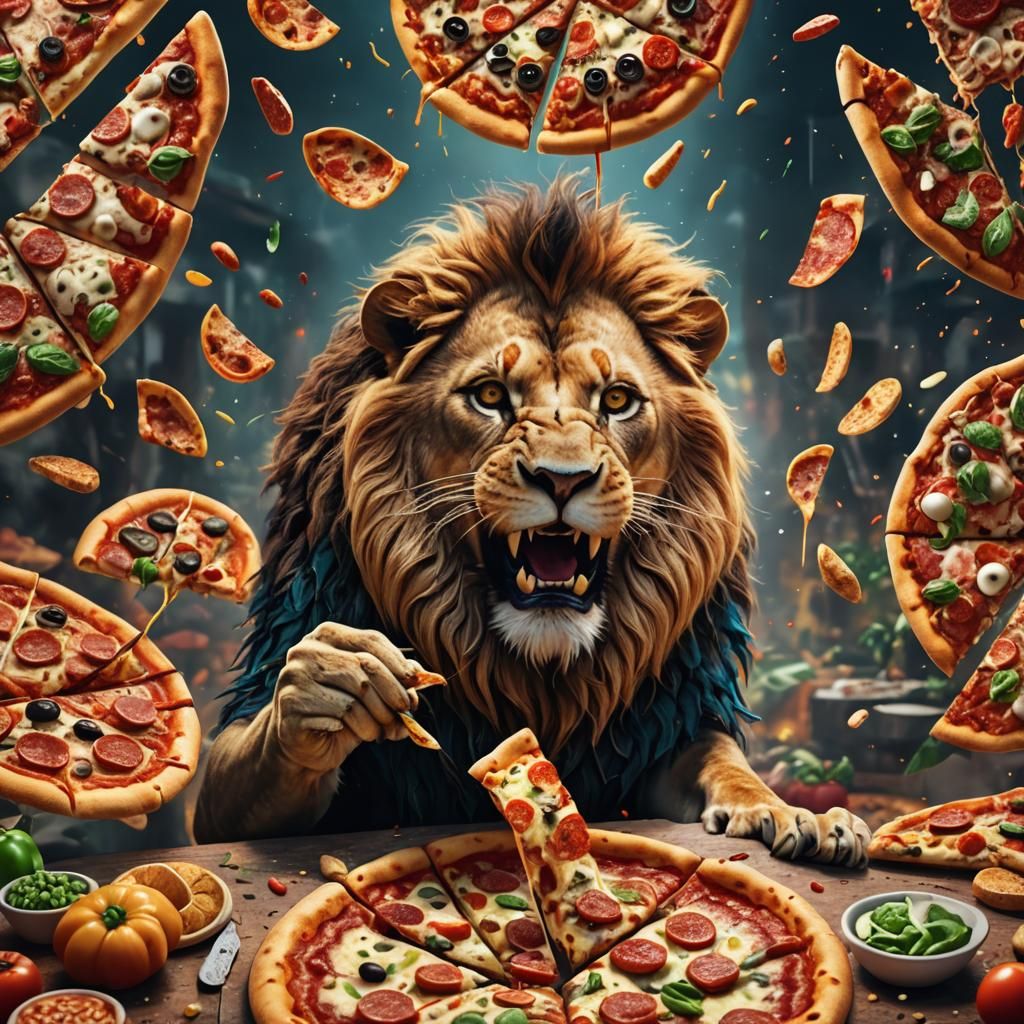 Lion at Pizza Party: Detailed Matte Painting